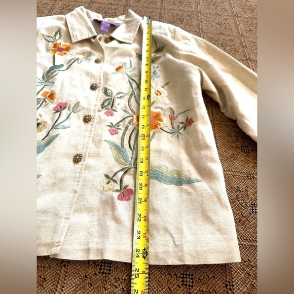 Tapestry Patch Beige Linen Floral Embroidered Lined Jacket Chunky Button Medium - Picture 7 of 9